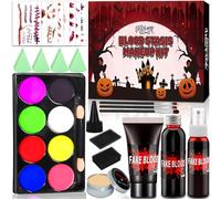 SaiXuan Halloween Set de Faux Sang 45 Pièces, Kit Maquillage Halloween avec 3 Types de Faux Sang (50ml/30ml/30ml), Cire à Cicatrices, Tatouages, Pinceaux et Éponges, pour Fête, Cosplay et Théâtre