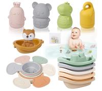 SaiXuan Jouet de Bain Bébé 17 Pièces - 4 Jouets de Bain en Silicone, 6 Gobelets d’Empilage, 5 Bateaux, 1 Barque avec Renard & Filet 37×47 cm - Jouet Bain Bébé pour Baignoire & Douche