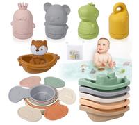 SaiXuan Jouet de Bain Bébé 17 Pièces - 4 Jouets de Bain en Silicone, 6 Gobelets d’Empilage, 5 Bateaux, 1 Barque avec Renard & Filet 37×47 cm - Jouet Bain Bébé pour Baignoire & Douche