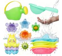 SaiXuan Jouets de Bain Bébés 14 Pièces - Jeux de Bain Bébé avec G arrosoir Souple, Roue à Eau, Tasses Empilables & Bateaux - Jouet Bains Bébé pour Baignoire, Piscine & Plage