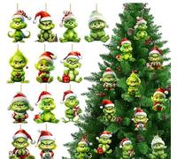 SaiXuan Lot de 12 Décorations de Noël Grin-ch - Suspensions Acryliques Amusantes avec Ficelle Dorée, Grin-ch Noël Décoration pour Sapin de Noël, Fenêtres, Maison, Bureau et Fêtes