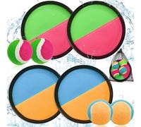 SaiXuan Lot de Jeu Scratch Enfant avec 4 Raquettes Ø18,5cm et 4 Balles Dures - Jouet Extérieur Été Jardin Plage pour Fille Garçon 3-10 Ans, Jeu de Lancer Attraper Famille avec Filet de Rangement