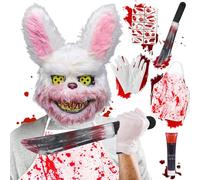 SaiXuan Masque Lapin Halloween Effrayant - Déguisement Lapin Blanc Ensanglanté Cosplay avec Tablier Sanglant, Faux Couteau, Gants, Tatouages et Faux Sang, Kit Costume Lapin Tueur Adulte