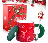 SaiXuan Mug de Noël 400 ml avec Cuillère et Couvercle Vert, Tasse Noël en Céramique Rouge, Mug Noel Hiver Design Moderne, Mug et Tasse à Café en Porcelaine, Idée Cadeau pour Maison et Bureau