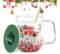 SaiXuan Tasse de Noël Double Paroi 250-280 ML, Verre Borosilicate avec Effet Paillettes, Couvercle Sapin et Cuillère Dorée - Tasse à Café et Thé Originale Cadeau Noël pour Femmes et Amis
