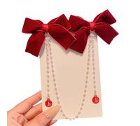 Saiyana Élégante pince à cheveux double nœud pour enfants avec pompons et perles, parfaite pour les vêtements quotidiens des petites filles et (bénédiction rouge)