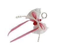 Saiyana Perles d'imitation dentelle - Nœud d'arc - Charme pour sacs avec tissu vichy et design fraise pour femmes tendance, 16x14cm, Imitation tissu perlé