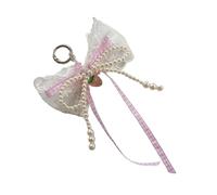 Saiyana Perles d'imitation dentelle - Nœud d'arc - Charme pour sacs avec tissu vichy et design fraise pour femmes tendance, 16x14cm, Imitation tissu perlé