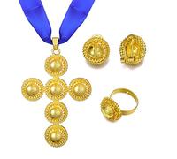 Sajayea Ensemble de bijoux éthiopiens traditionnels en forme de croix éthiopienne plaqué or/argent pour femme, cuivre, sans pierre précieuse