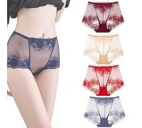 SAKEMA Culottes Faites à la Main en Dentelle de Soie pour Dames, 4 pièces de sous-vêtements sans Couture en Dentelle Sexy Haute élastique, Slips Confortables de contrôle du Ventre pour Femmes (L,C)