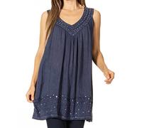 Sakkas 16521 - Rita Womens Picot Trim V Neck Tank Blouse with Seqins and Embroidery - A-Midnight Blue - OS