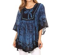 Sakkas 17030 - Lynda Deux Tons Batik brodé Palmier Paysan Haut/Poncho - Bleu - OS