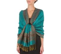 Sakkas 178cm x 71cm Dessins bordures Double épaisseur Type Tissé Pashmina Châle/Echarpe/Etole - Sea Vert