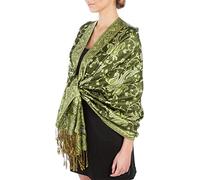 Sakkas 178cm x 71cm Double épaisseur Jacquard Cachemire Viscose Pashmina Châle/Echarpe/Etole - Sombre Vert olive/Champagne