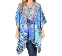 Sakkas 1825 - Poncho Caftan pour Femmes Aymee - Top col V à Lacets avec Strass - LVB235-Bleu - OS