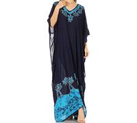 Sakkas 2005 - Leonor Boho Casual Long Maxi Caftan Robe Kaftan Cover-up LougeWear - 6-NavyTurq - OS