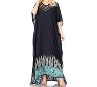 Sakkas 2005 - Leonor Boho Casual Long Maxi Caftan Robe Kaftan Cover-up LougeWear - 7-NavyTurq - OS