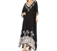 Sakkas 2005 - Leonor Femmes Boho Casual Long Maxi Caftan Robe Kaftan Cover-up LougeWear - 6-Blackwhite - OS