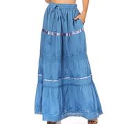 Sakkas 554 Gypsy brodé Solide/Bohème Plein/Maxi/Longue Jupe en Coton - Bleu/Taille Unique