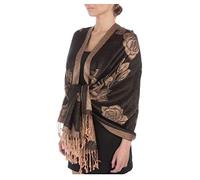 Sakkas FUPashRose06AG Châle/Echarpe/Etole Léger Deux couleurs Rose Floral Design Contours Pashmina - Noir/Beige