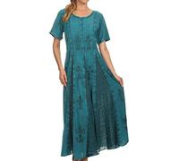 Sakkas Hailey Cap Manches Caftan Long brodé Stonewashed Robe - Turquoise - 1X/2X