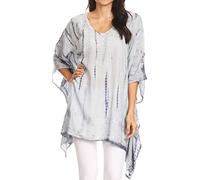 Sakkas K2022S - Wren Lightweight Circle Poncho Top Blouse with Detailed Embroidery - TD-Black - OS