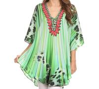 Sakkas KF2020768AT - Balloon Top Tallulah Grand Cercle Blouse Poncho Top avec Tie Neck Enclosure avec Perles - Bright Green/Multi - OS