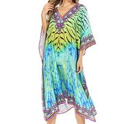 Sakkas - ShortCaftan MiuMiu Ligthweight Summer Printed Short Caftan Dress/Cover Up - WT53-Turq - OS