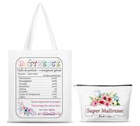 SAKNYUFO Ensemble Cadeau Professeur Sac Shopping & Trousse Super Maîtresse en Coton Lavable Cadeau Original Pour Enseignants - Idéal Fête des Maîtres, Noël ou Fin d'Année Scolaire
