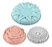 Sakolla Lot de 3 grands moules à gâteau ronds en silicone en forme de fleur de chrysanthème, rose, tournesol, antiadhésifs pour la cuisson de gâteaux d'anniversaire, pains, tartes, tartes et tartes,