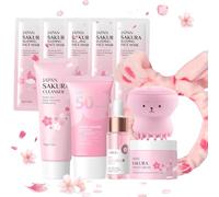 Sakura Ensemble de Soins de la Peau 11 Pièces,Avec Bandeau,Brosse visage,Nettoyant,Crème solaire 50+,Essence,Crème,Masque visage 5,Coffrets de soins pour la peauConvient à Tous Types de Peau