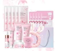 Sakura Ensemble de Soins de la Peau 18 Pièces,Avec nettoyant,Crème,Sérum,Sérum pour les yeux,Masque de boue,Masque de sommeil et Accessoires,Kit de Soins de La Peau Hydratants