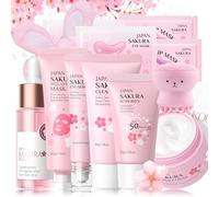 Sakura Kit de soin de la peau japonais pour adolescentes et filles - Kit de soins de la peau - Kit de beauté hydratant et lisse - Coffret cadeau pour femme - Avec protection solaire, sérum, masque