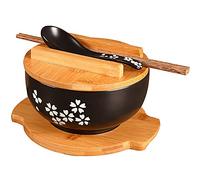 Sakura Lot de 5 bols à ramen en céramique traditionnels japonais de 1 000 ml avec couvercle, cuillère, baguettes, plateau en bambou, coffret cadeau (#1)