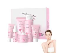 Sakura Lot de 6 kits de soin de la peau, nettoyant pour le visage 50 g, tonique pour le visage 100 ml, essence de soin 17 ml, crème pour les yeux 15 g, crème pour le visage 25 g, protection solaire 30