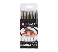 SAKURA Pigma Manga Set de 6 Stylos en Noir | 3 Pointes Callibrées, Liner Graphic, Brush Pen & Crayon Mécanique | Pour les manga, BD et les illustrations
