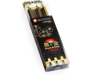 SAKURA Pigma Micron Fineliner, Schwarz und Gold Edition, 01/03/05, schwarze Tinte, 3 Stück