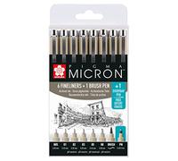 SAKURA Pigma Micron Fineliner Set - 6 tailles de pointe + Brush & PN Pen Free - Noir - Résistant à l'eau et à la décoloration