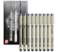 SAKURA Pigma Micron Lot de 9 stylos à pointe fine à large avec pinceau - Encre noire résistante à la décoloration et permanente - Emballage cadeau