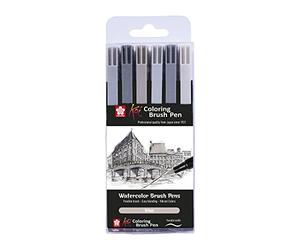 SAKURA Set de stylos pinceaux à colorier Koi - Nuances urbaines - 6 couleurs de gris - Conseil flexible du pinceau pour varier les lignes - À base d'eau pour les mélanges et les effets d'aquarelle