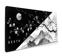 Sakura - Tapis de souris avec motif « Death », « Life » et fleurs de cerisier en noir et blanc - Grand tapis de souris étendu - Base en caoutchouc antidérapant - Bords cousus - Imperméable - Pour jeux
