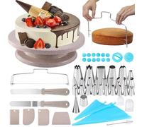 SAKUUMI Kit de décoration de gâteau 54 pièces avec plateau tournant à gâteau, niveleur à gâteau, 27 douilles à douille, 2 poches à pâtisserie, 2 coupleurs, 2 spatules, 4 raclettes, 14 embosseurs à