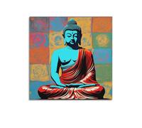 Sakyamuni Statue de Bouddha assis contrastée sur toile - Décoration murale moderne - Peinture esthétique - 40 x 40 cm - Style sans cadre