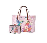 Salabomia Sac à main pour femme avec portefeuille assorti, grande poignée sur le dessus, sac fourre-tout avec pochette en polyuréthane, Colibri Fleur - Rose, Taille unique