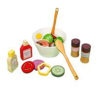Salad Kitchen Toy - Wooden Fruit Vegetable Playset, Educational Food Cutting Set with Realistic Strip Slices, Pretend Cooking Kit, Healthy Eating Game, Kids Prop for Developing Culinary Motor Skills