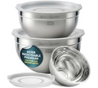 Saladier Inox Set de 3 avec Couvercle, Grand Saladier et Cul de Poule Inox emboîtables, Bols Mélangeurs pour Préparation et Pâtisserie, Compatible Lave-vaisselle (sauf couvercles), 1,5/3/5 L