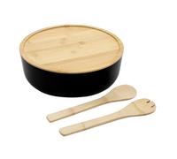 Saladier XXL avec couverts en bambou 30 cm - Noir - Grand bol en plastique avec couvercle en bois - Bol mélangeur avec couverts de service pour fruits, salade, desserts - Convient à un usage