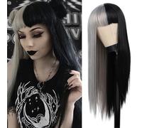Salaibs Perruques longues mi-grises mi-noires pour femme - Perruque droite gothique avec franges - Fibre résistante à la chaleur - Cosplay Halloween