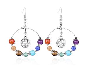 SALAN 7 Chakra Arbre De Vie Femmes Goutte Boucles d'oreilles Naturelles Rondes Gemme De Pierre De Pierre De Pierre Réïi Guérison Cristal Boucles d'oreilles Bijoux Bohémiens