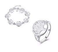 SALAN Bagues De Bracelet d'arbre De Sagesse Set 925 Sterling Silver Arbre De Vie Bracelet Et Anneaux Cadeaux De Noël 2pcs Jeu De Bijoux